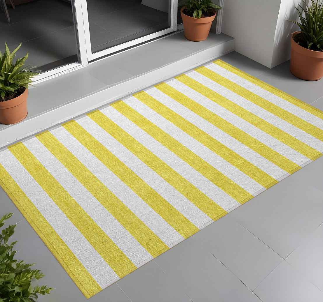 3' X 5' Yellow and White Striped Washable Indoor Outdoor Area Rug