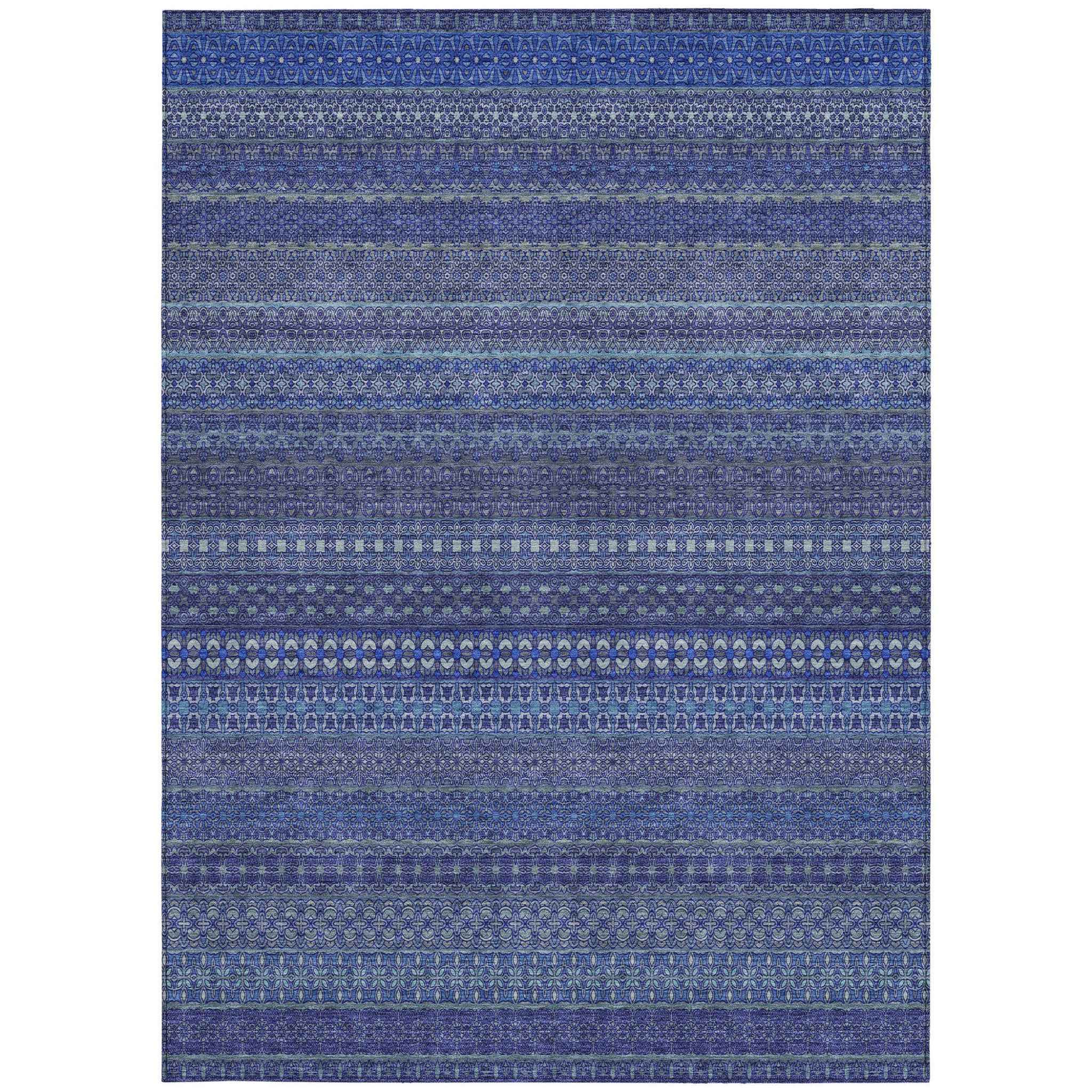 10' X 14' Navy Blue Striped Washable Non Skid Indoor Outdoor Area Rug
