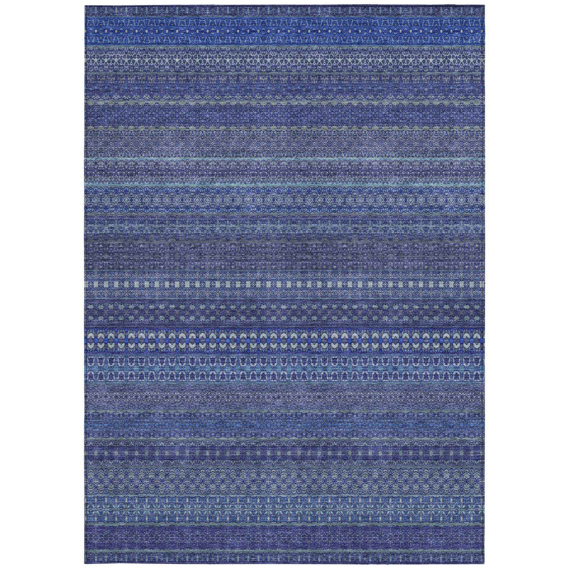 10' X 14' Navy Blue Striped Washable Non Skid Indoor Outdoor Area Rug