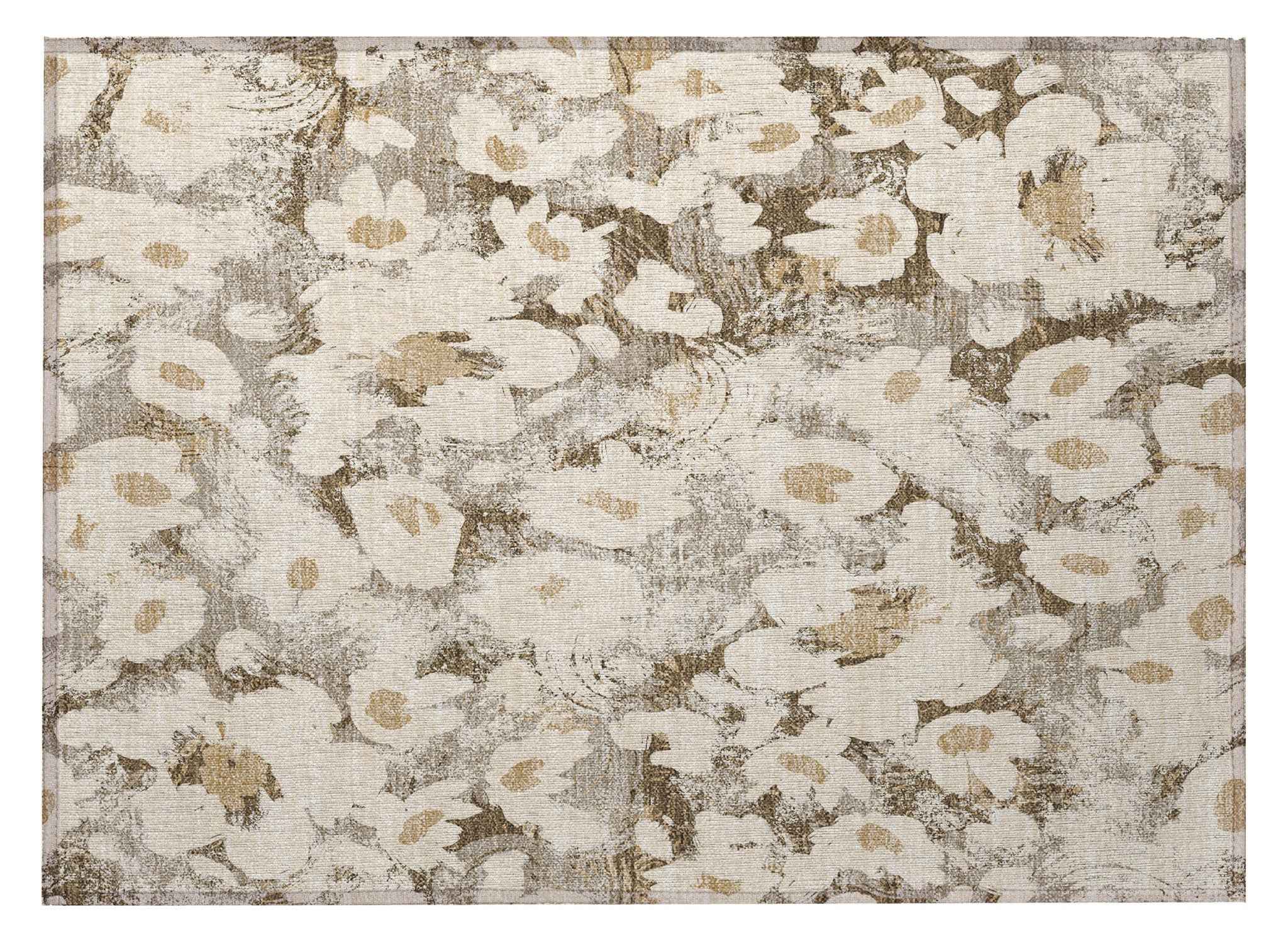 2' X 3' Khaki Floral Washable Non Skid Indoor Outdoor Area Rug