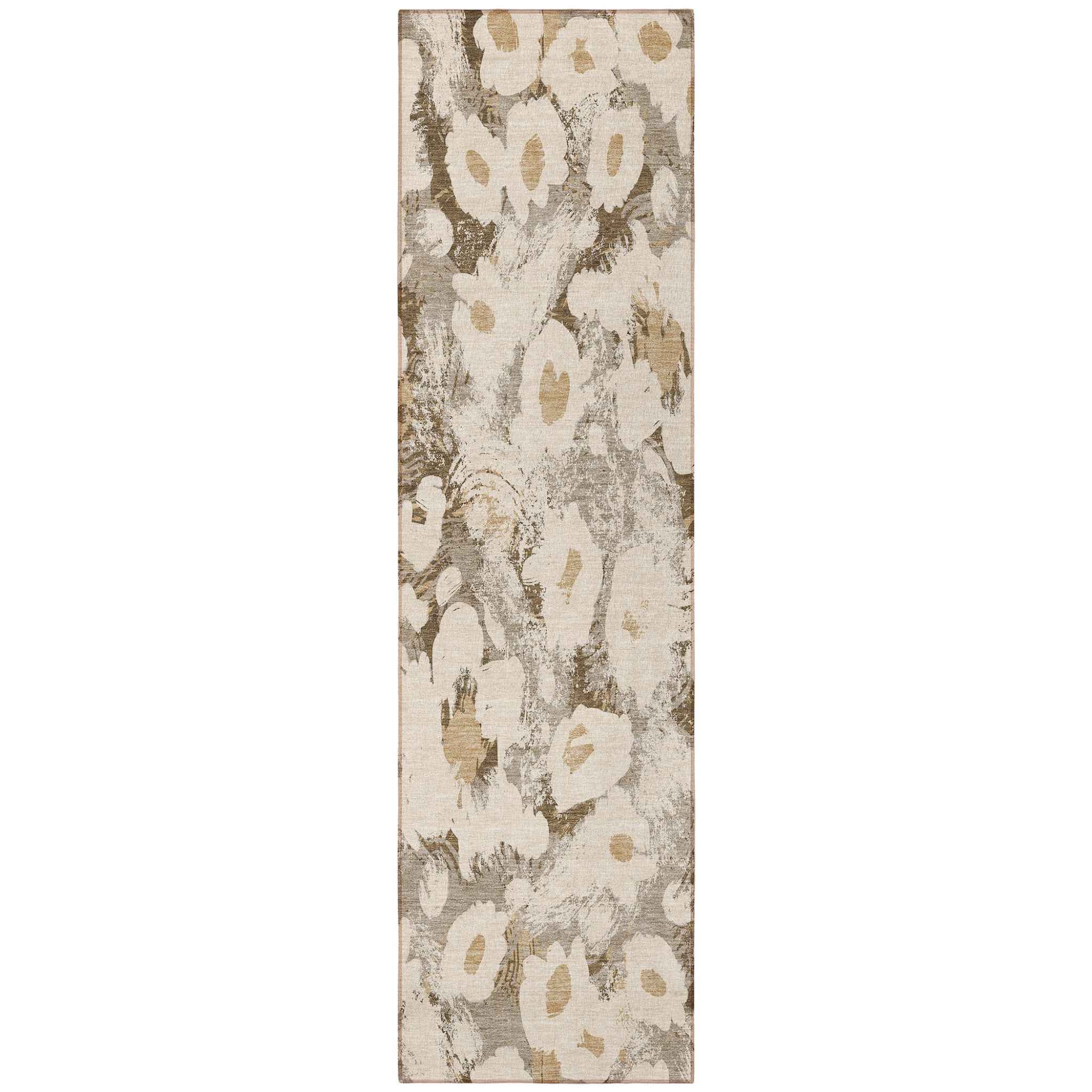 8' Runner Khaki Floral Washable Non Skid Indoor Outdoor Runner Rug