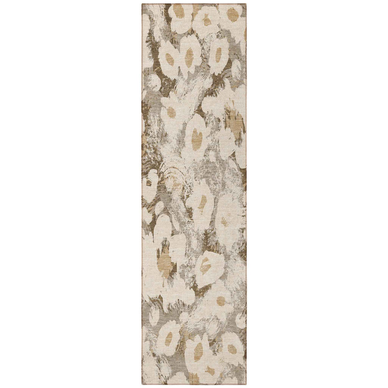 8' Runner Khaki Floral Washable Non Skid Indoor Outdoor Runner Rug
