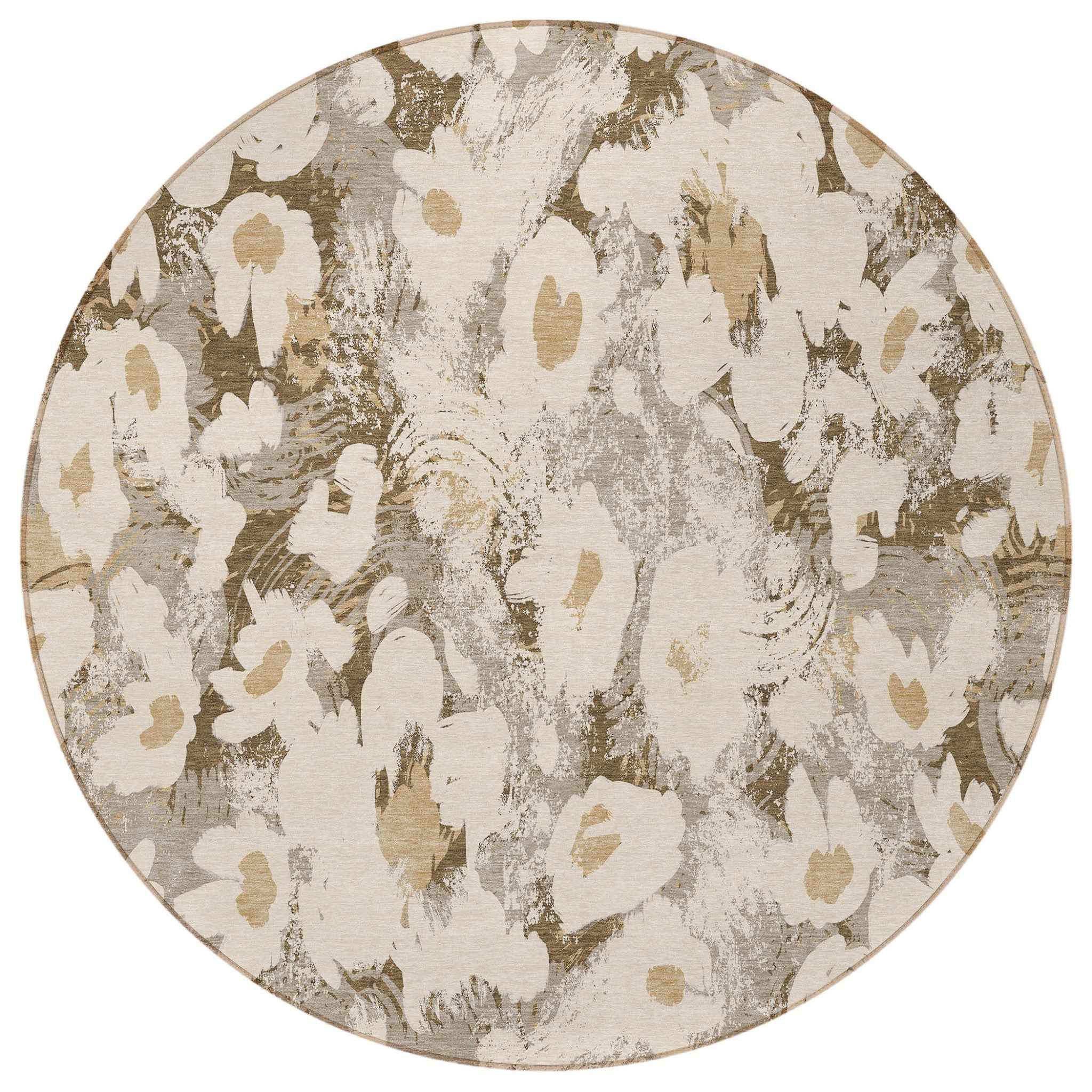 8' Round Khaki Round Floral Washable Non Skid Indoor Outdoor Area Rug