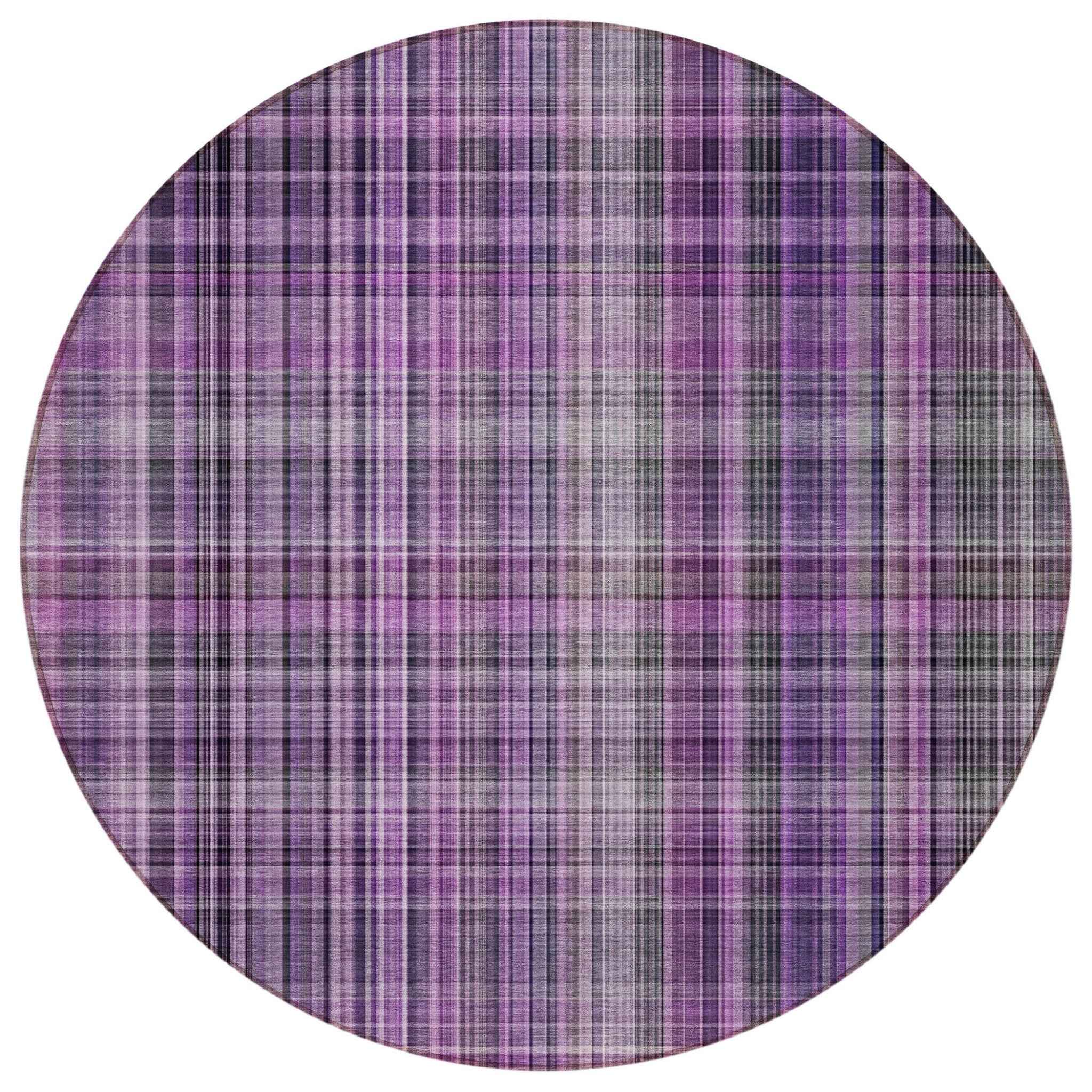 8' Round Purple Round Plaid Washable Non Skid Indoor Outdoor Area Rug