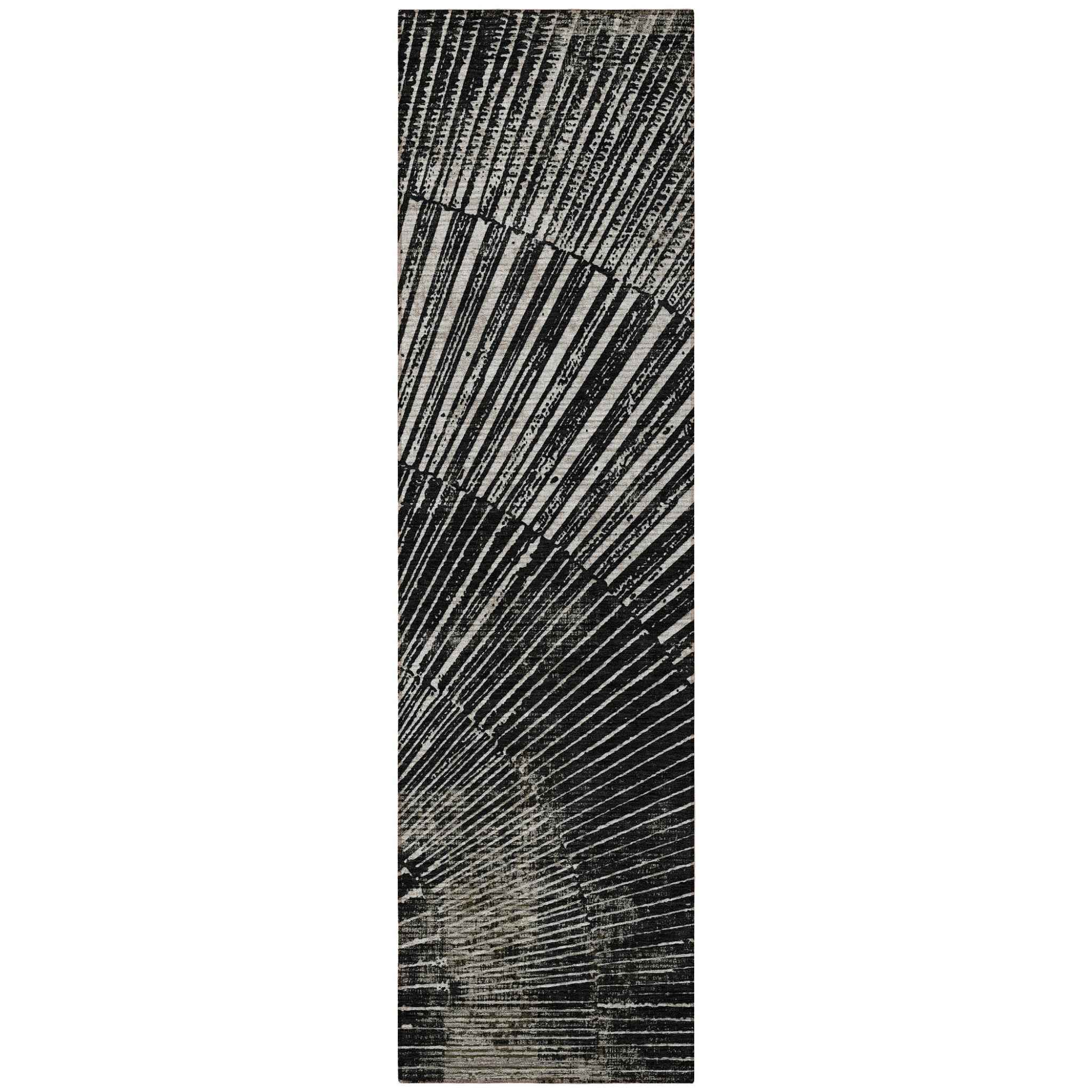 8' Runner Black and Ivory Abstract Washable Non Skid Indoor Outdoor Runner Rug