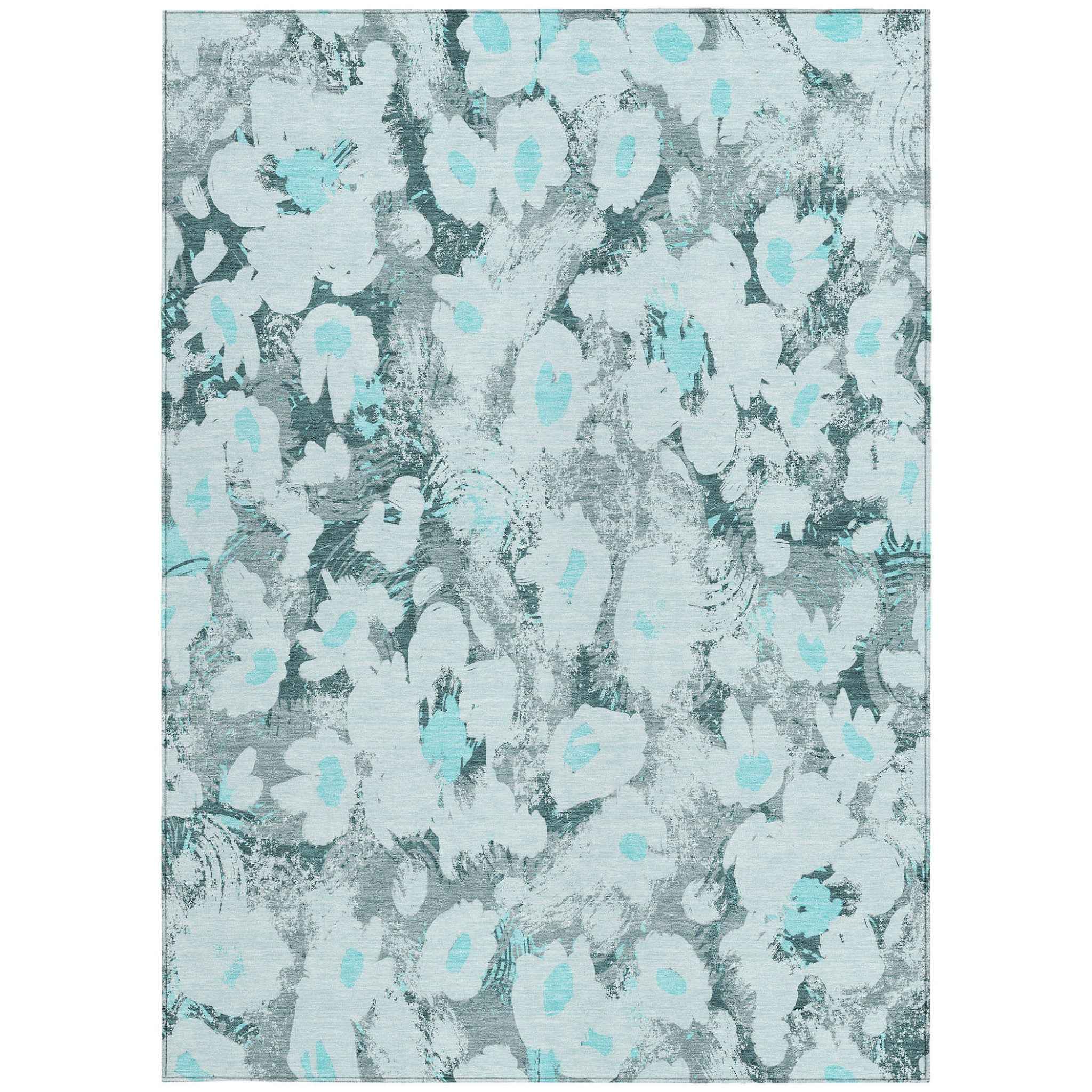 3' X 5' Teal Floral Washable Non Skid Indoor Outdoor Area Rug