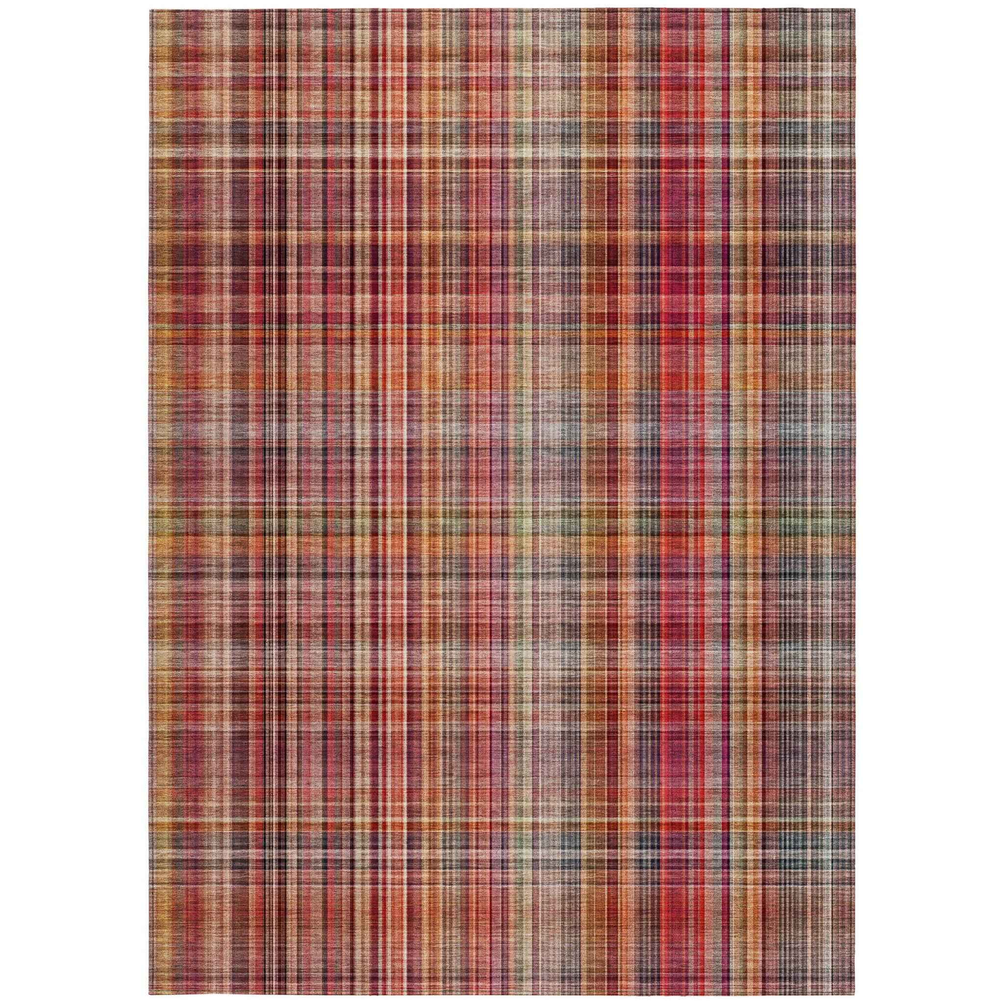 5' X 8' Red Plaid Washable Non Skid Indoor Outdoor Area Rug