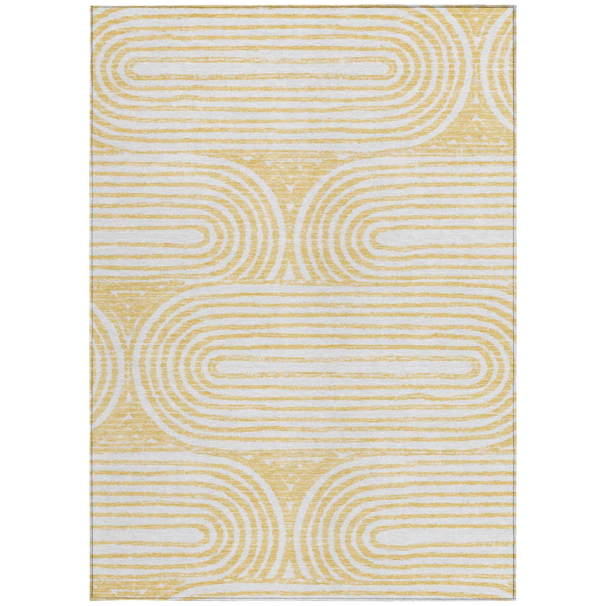 9' X 12' Gold and White Abstract Washable Non Skid Indoor Outdoor Area Rug