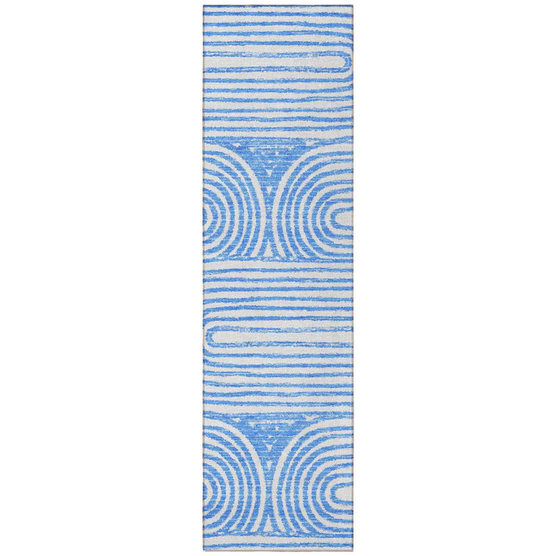 8' Runner Blue and White Abstract Washable Non Skid Indoor Outdoor Runner Rug