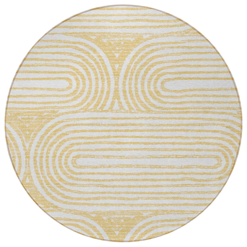 8' Round Gold and White Round Abstract Washable Non Skid Indoor Outdoor Area Rug