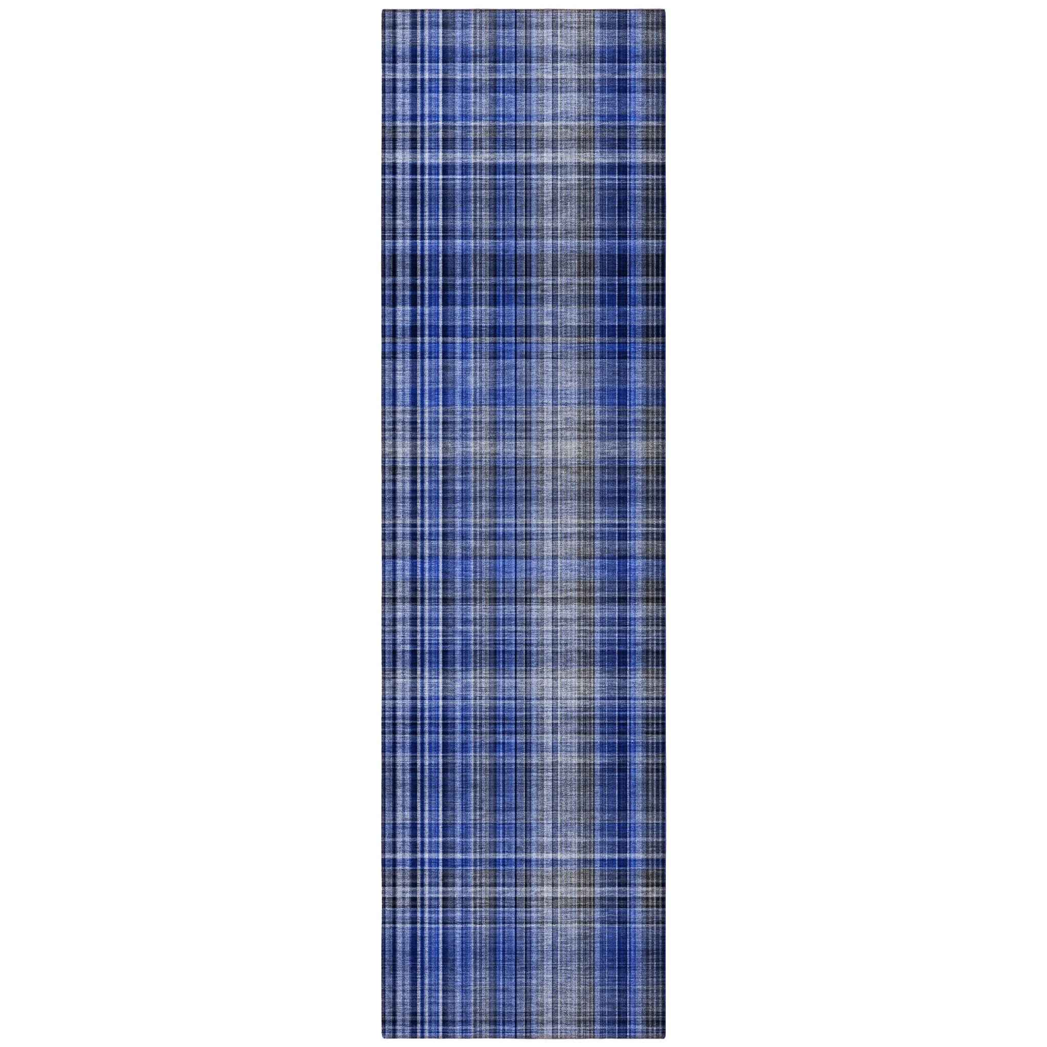 8' Runner Navy Blue Plaid Washable Non Skid Indoor Outdoor Runner Rug