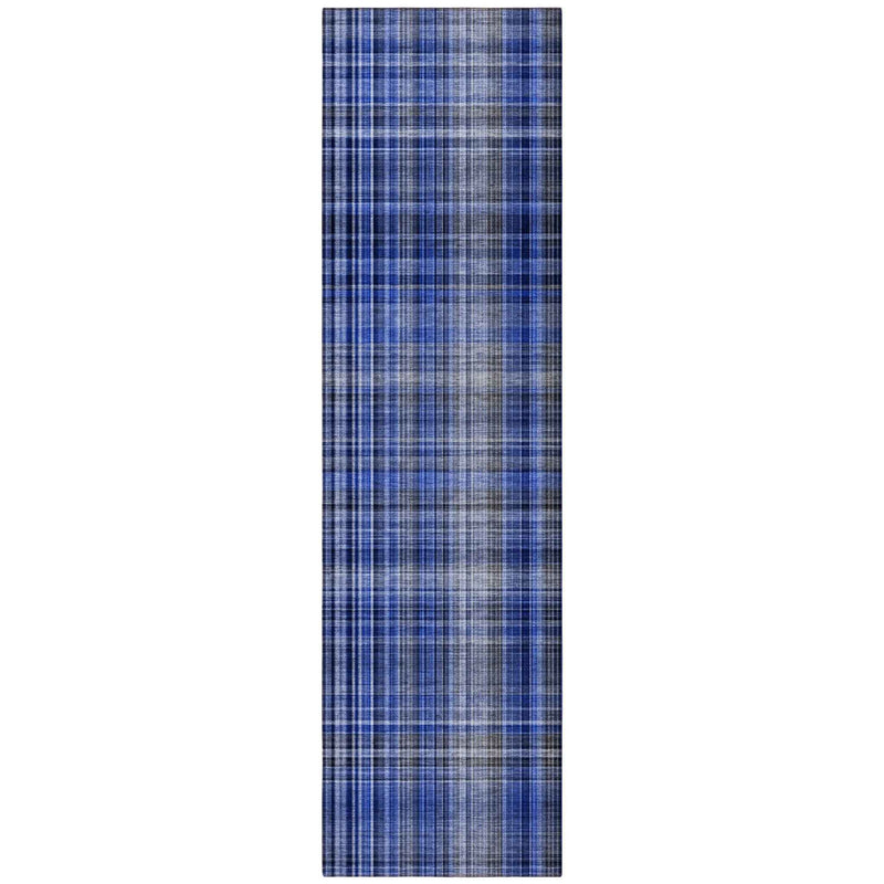 8' Runner Navy Blue Plaid Washable Non Skid Indoor Outdoor Runner Rug
