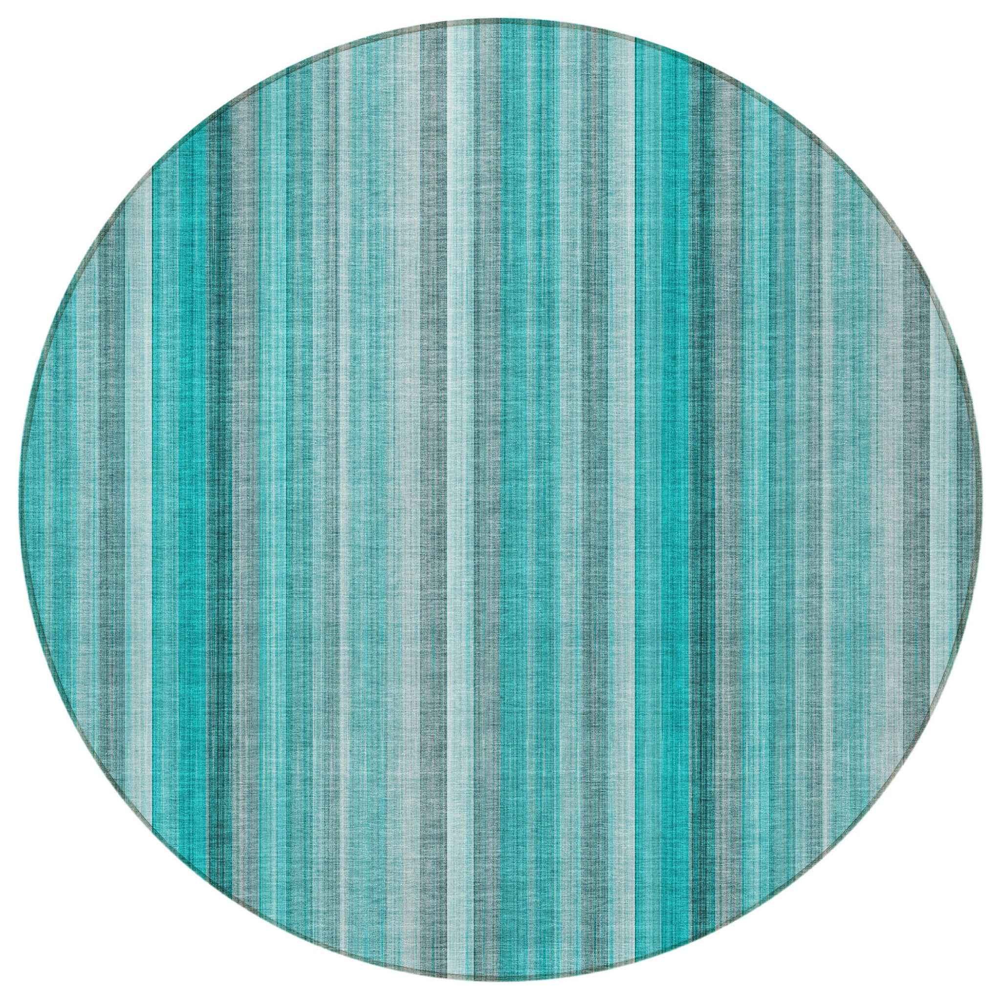 8' Round Teal and Gray Round Striped Washable Non Skid Indoor Outdoor Area Rug