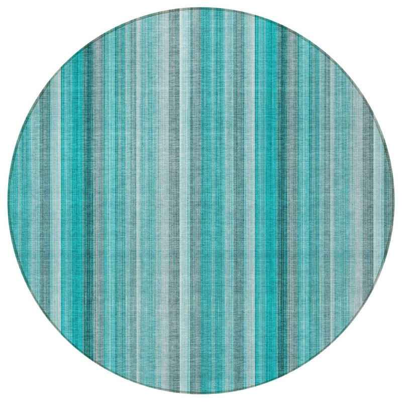 8' Round Teal and Gray Round Striped Washable Non Skid Indoor Outdoor Area Rug