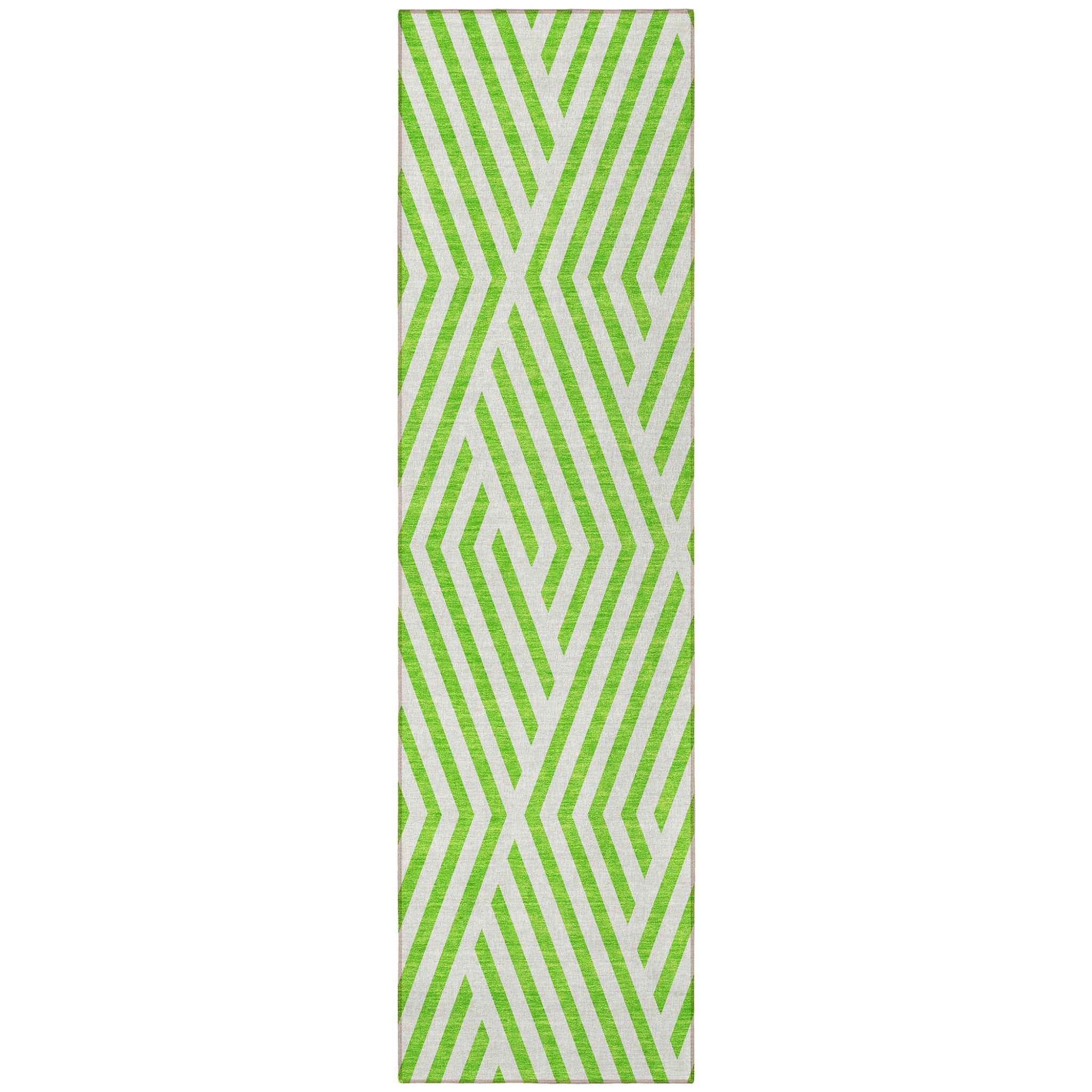 8' Runner Lime Green and White Geometric Washable Non Skid Indoor Outdoor Runner Rug