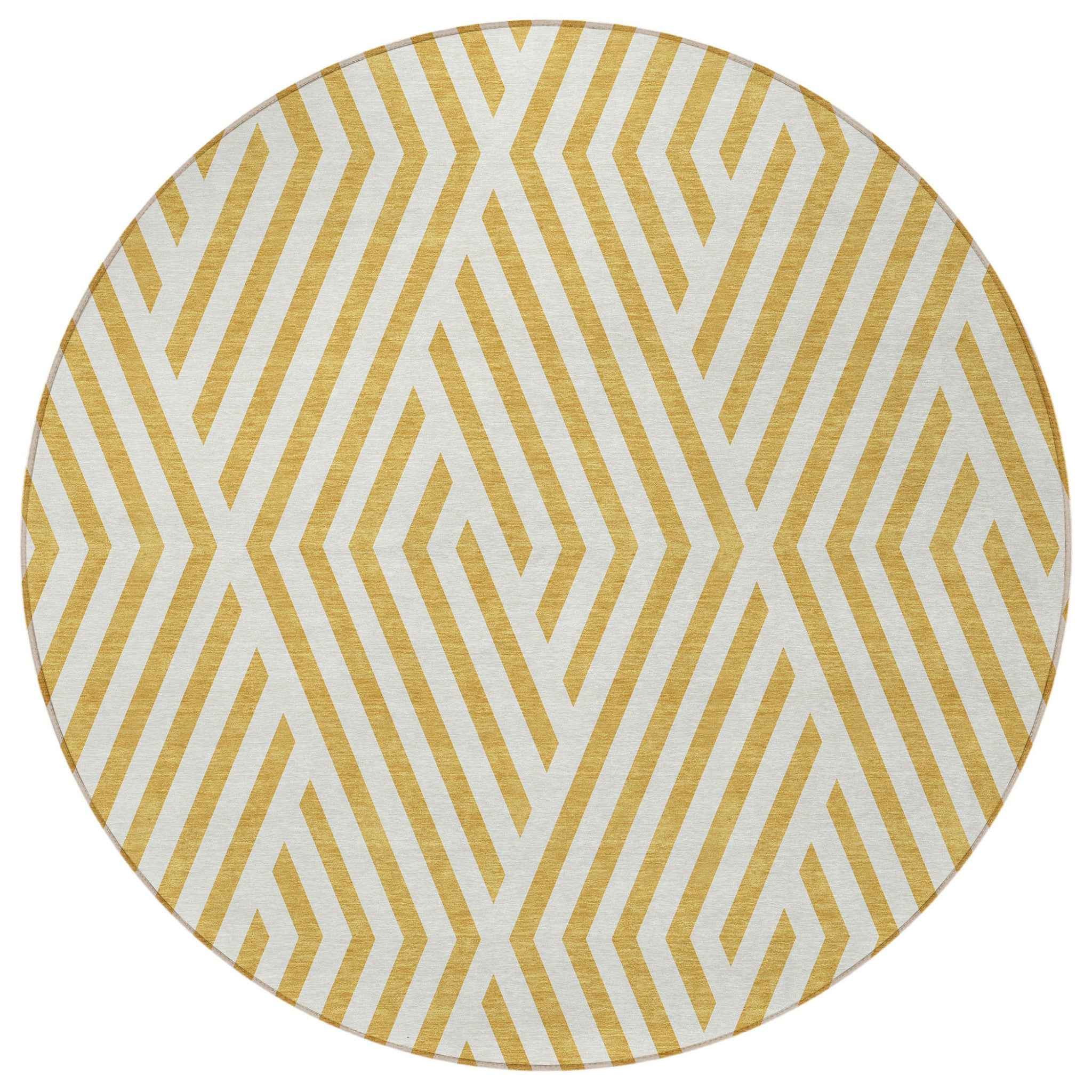 8' Round Gold and White Round Geometric Washable Non Skid Indoor Outdoor Area Rug