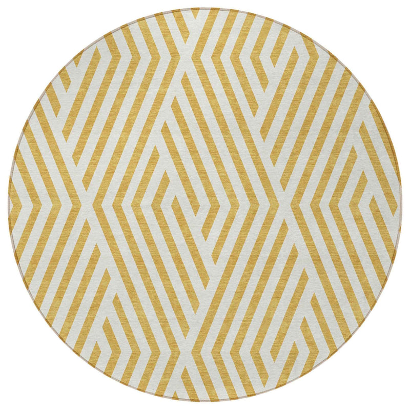 8' Round Gold and White Round Geometric Washable Non Skid Indoor Outdoor Area Rug