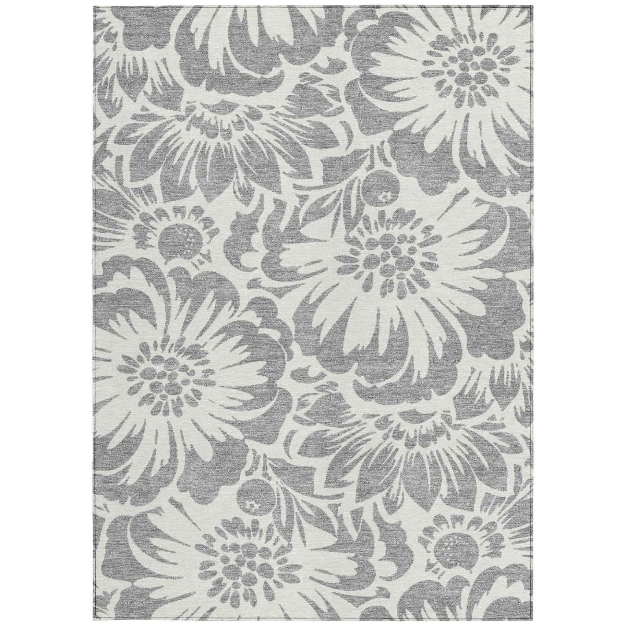 10' X 14' Gray and Ivory Floral Washable Non Skid Indoor Outdoor Area Rug