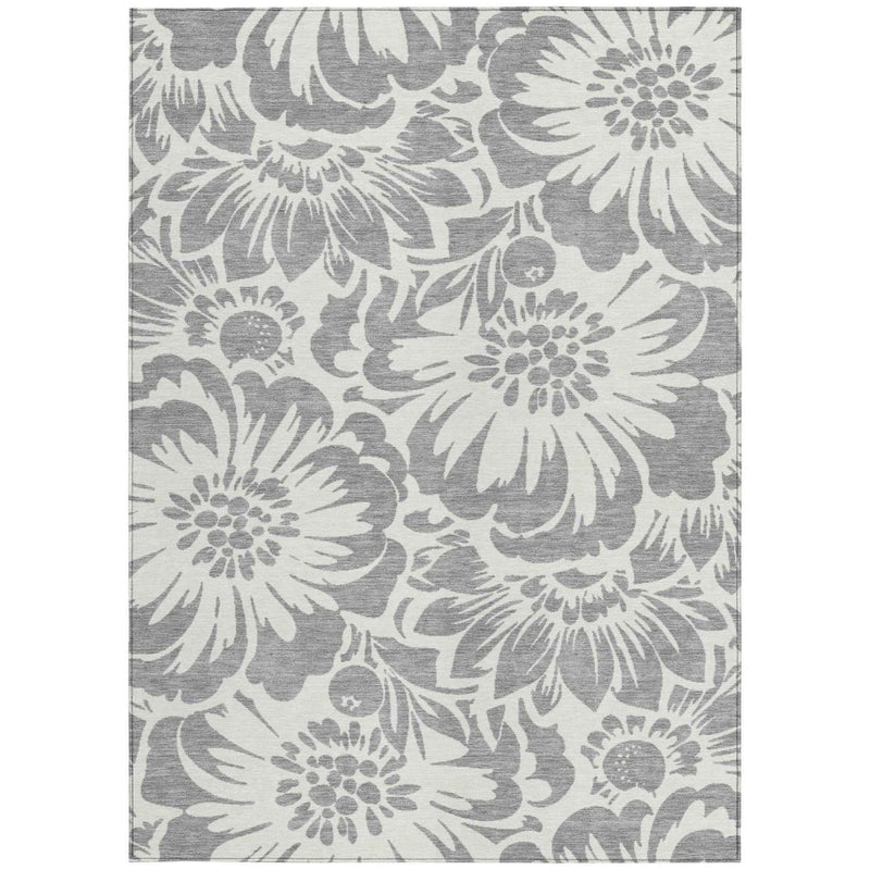 10' X 14' Gray and Ivory Floral Washable Non Skid Indoor Outdoor Area Rug