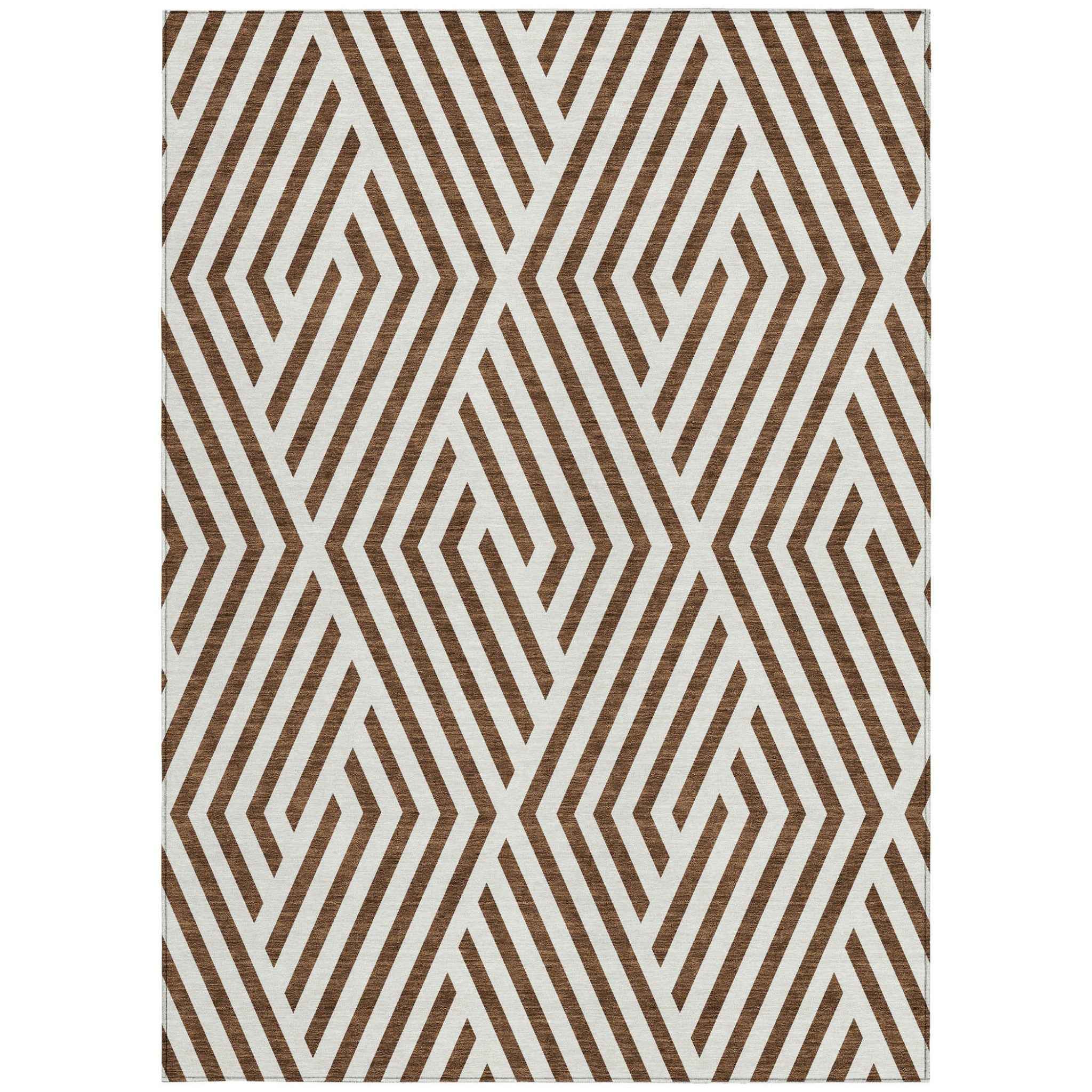5' X 8' Brown and White Geometric Washable Non Skid Indoor Outdoor Area Rug