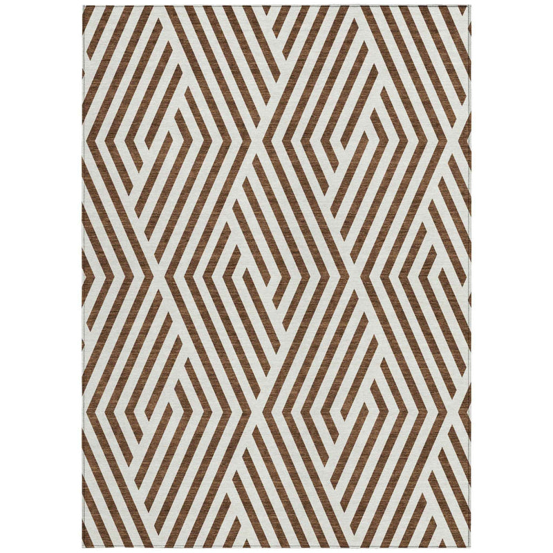 5' X 8' Brown and White Geometric Washable Non Skid Indoor Outdoor Area Rug