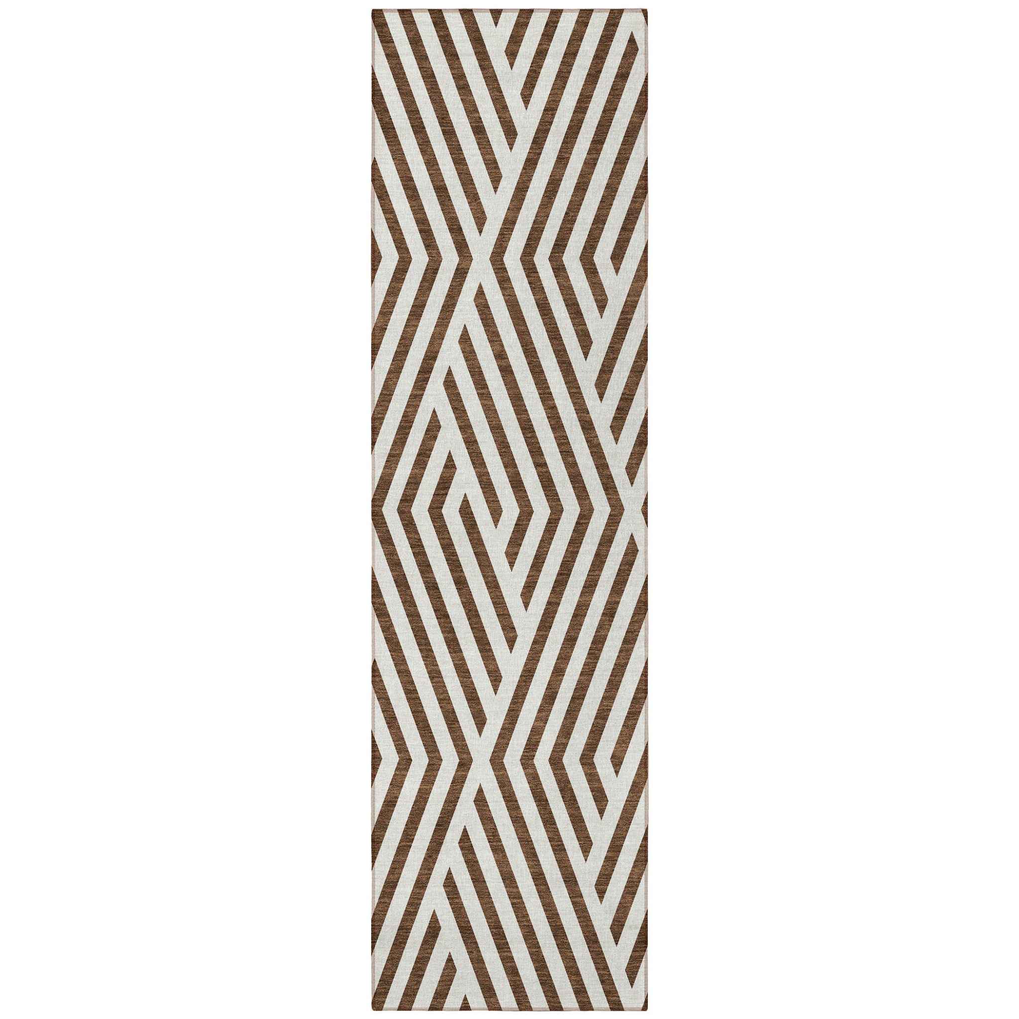 8' Runner Brown and White Geometric Washable Non Skid Indoor Outdoor Runner Rug