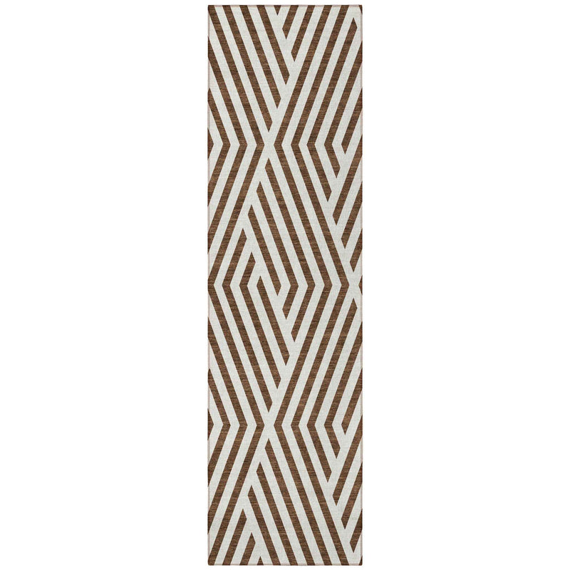 8' Runner Brown and White Geometric Washable Non Skid Indoor Outdoor Runner Rug