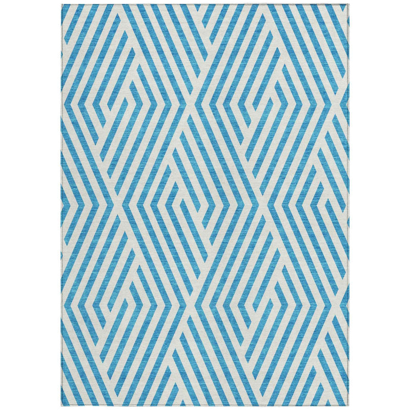 3' X 5' Teal and White Geometric Washable Non Skid Indoor Outdoor Area Rug
