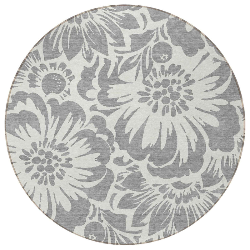 8' Round Gray and Ivory Round Floral Washable Non Skid Indoor Outdoor Area Rug
