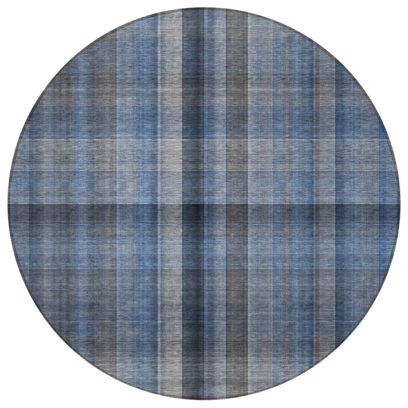 8' Round Blue Round Plaid Washable Non Skid Indoor Outdoor Area Rug