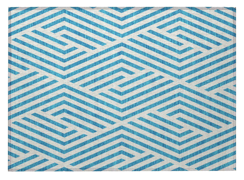 2' X 3' Teal and White Geometric Washable Non Skid Indoor Outdoor Area Rug