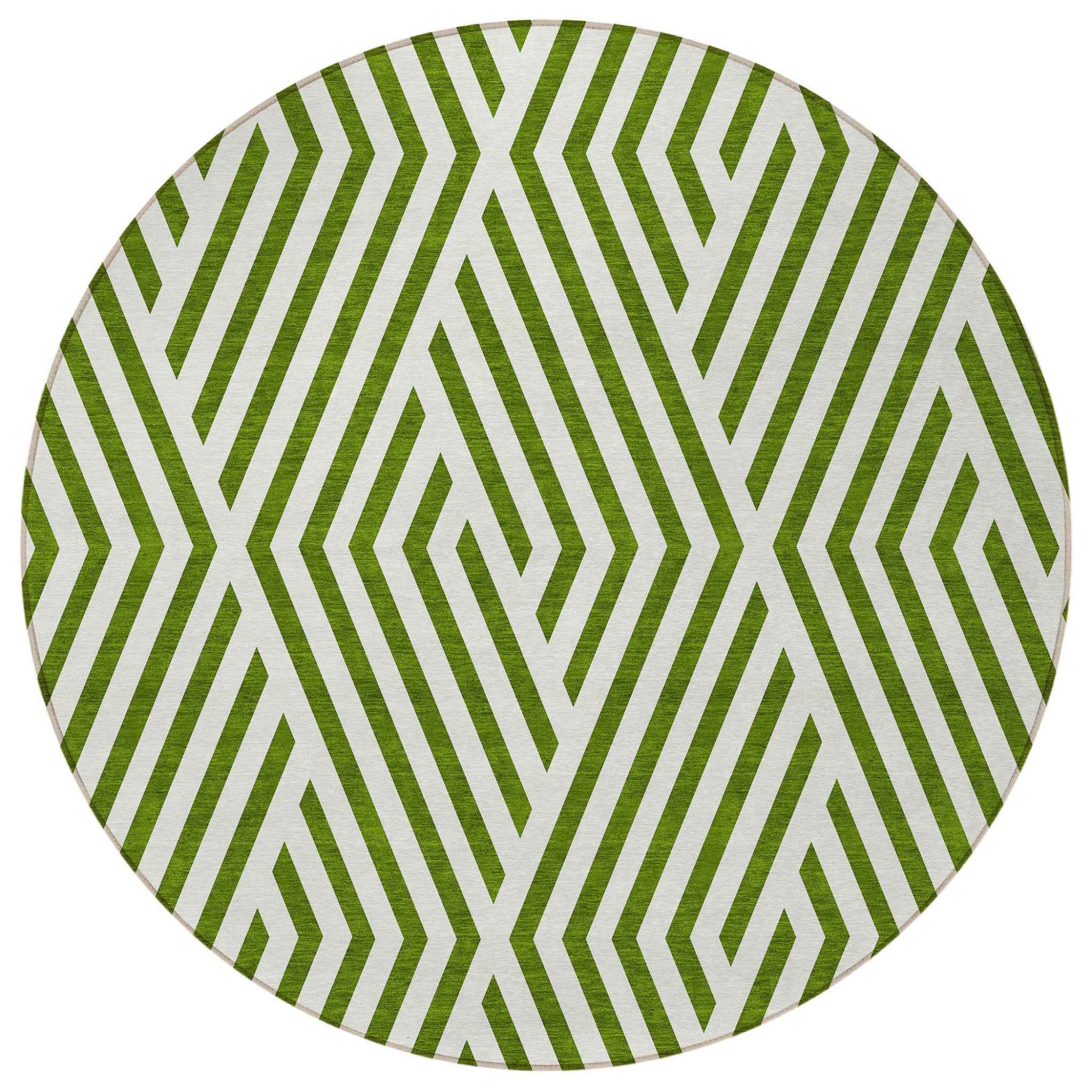 8' Round Lime Green and White Round Geometric Washable Non Skid Indoor Outdoor Area Rug