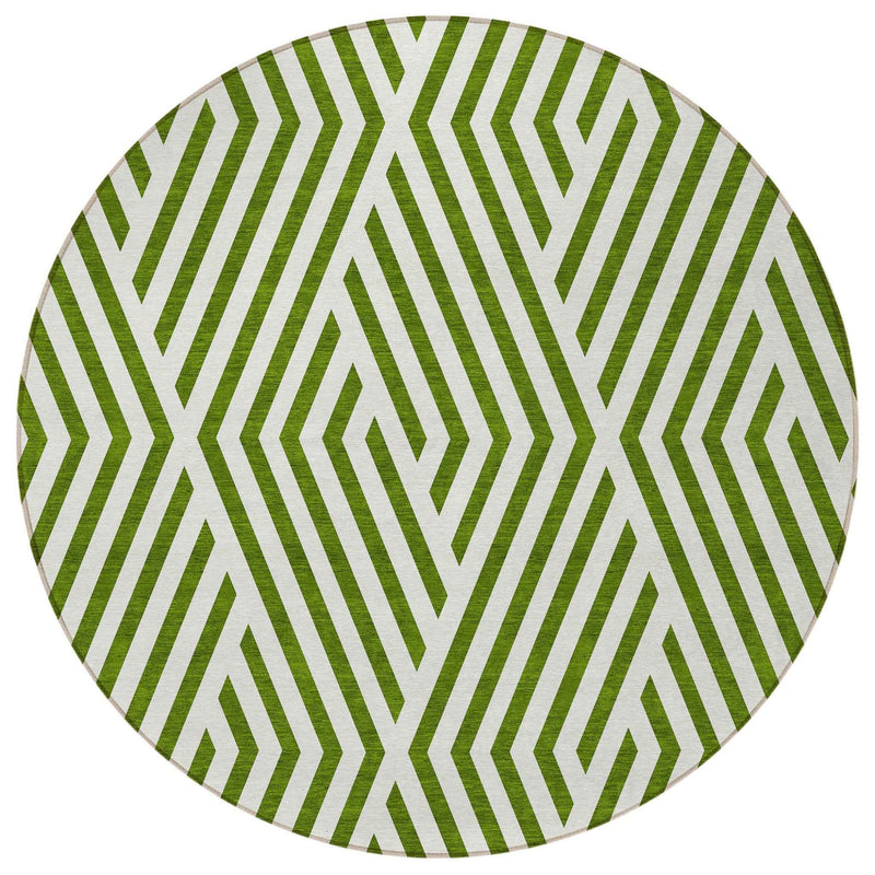8' Round Lime Green and White Round Geometric Washable Non Skid Indoor Outdoor Area Rug