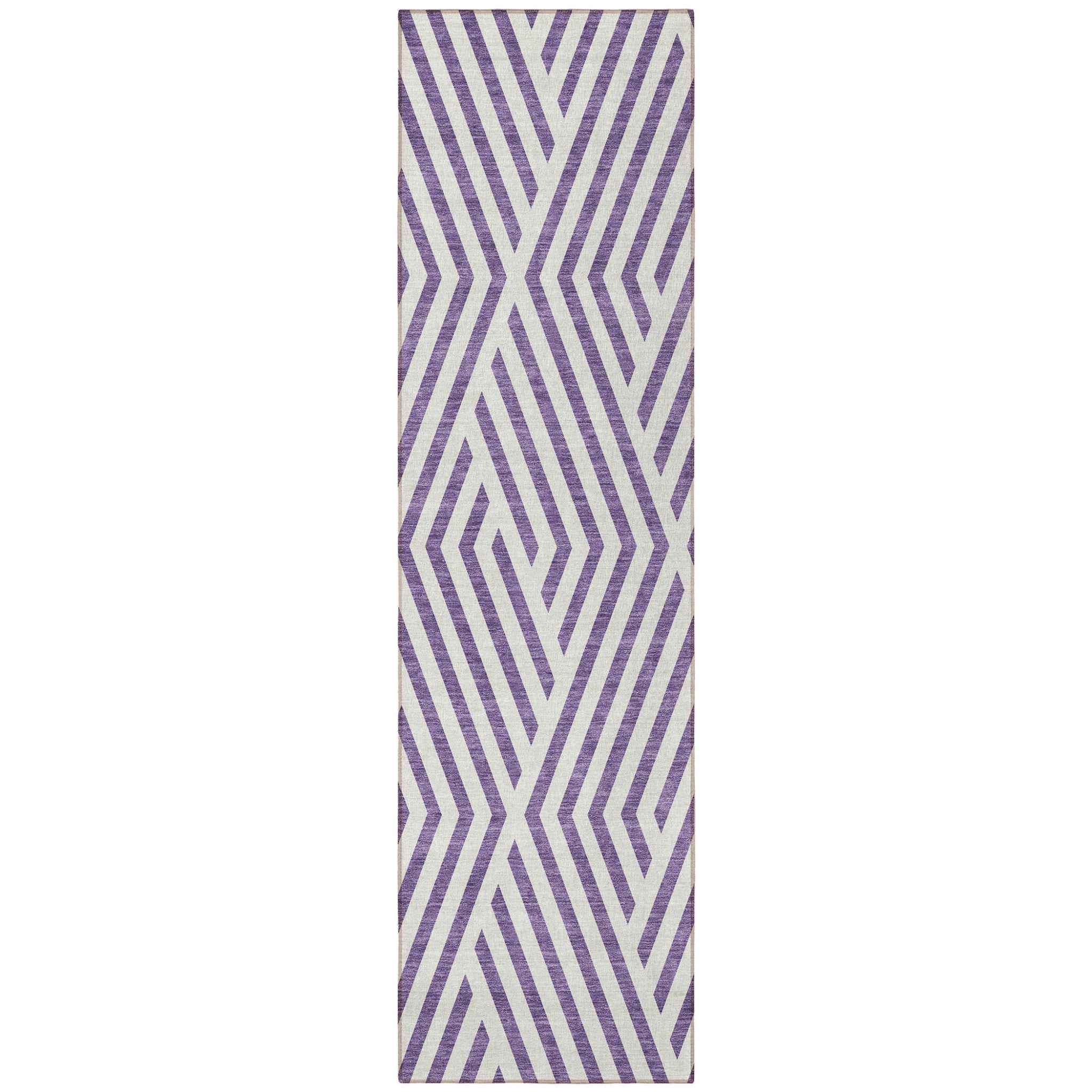 8' Runner Purple and White Geometric Washable Non Skid Indoor Outdoor Runner Rug