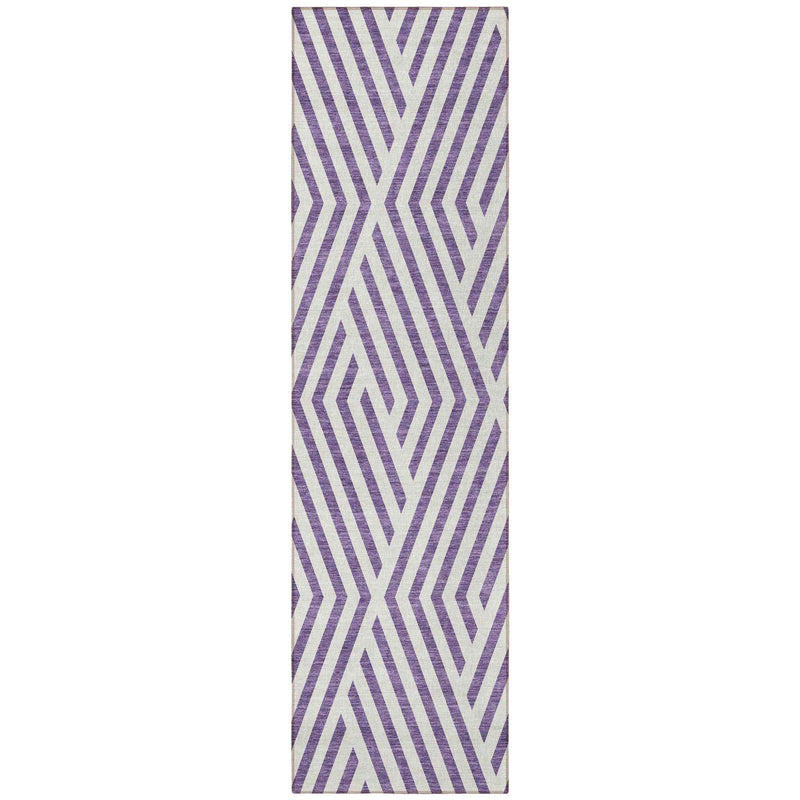 8' Runner Purple and White Geometric Washable Non Skid Indoor Outdoor Runner Rug