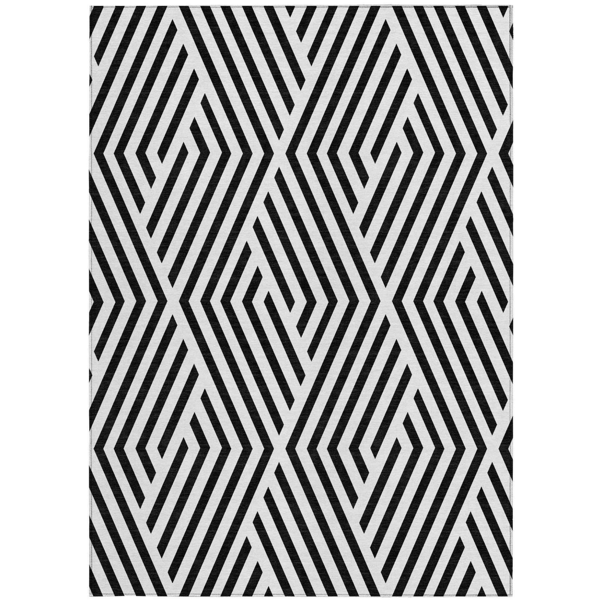 9' X 12' Black and White Geometric Washable Non Skid Indoor Outdoor Area Rug