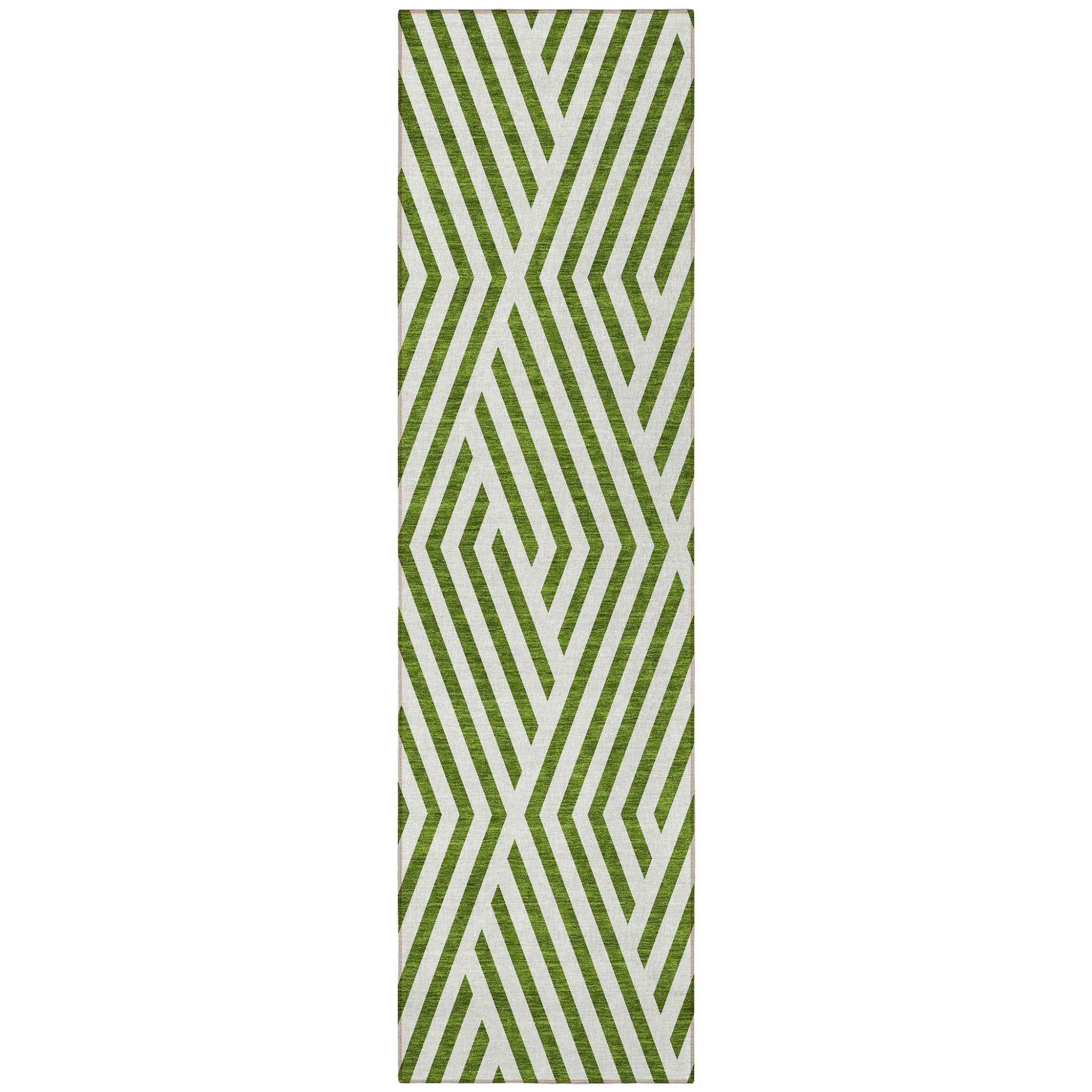 8' Runner Lime Green and White Geometric Washable Non Skid Indoor Outdoor Runner Rug