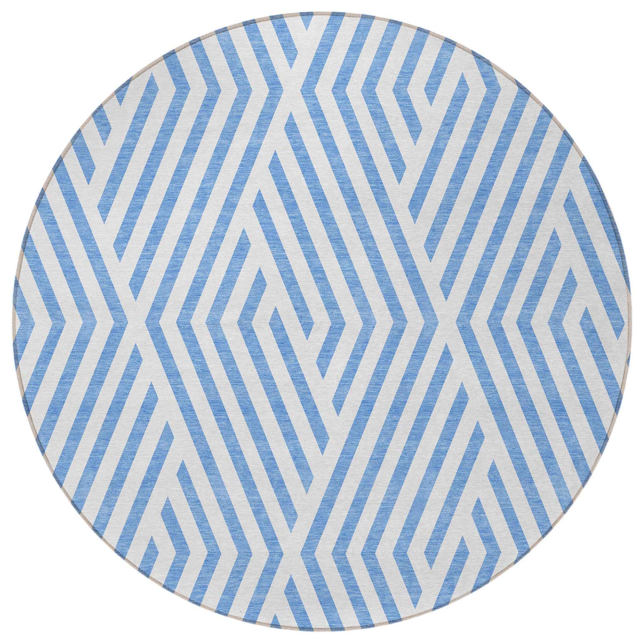 8' Round Blue and Ivory Round Geometric Washable Non Skid Indoor Outdoor Area Rug