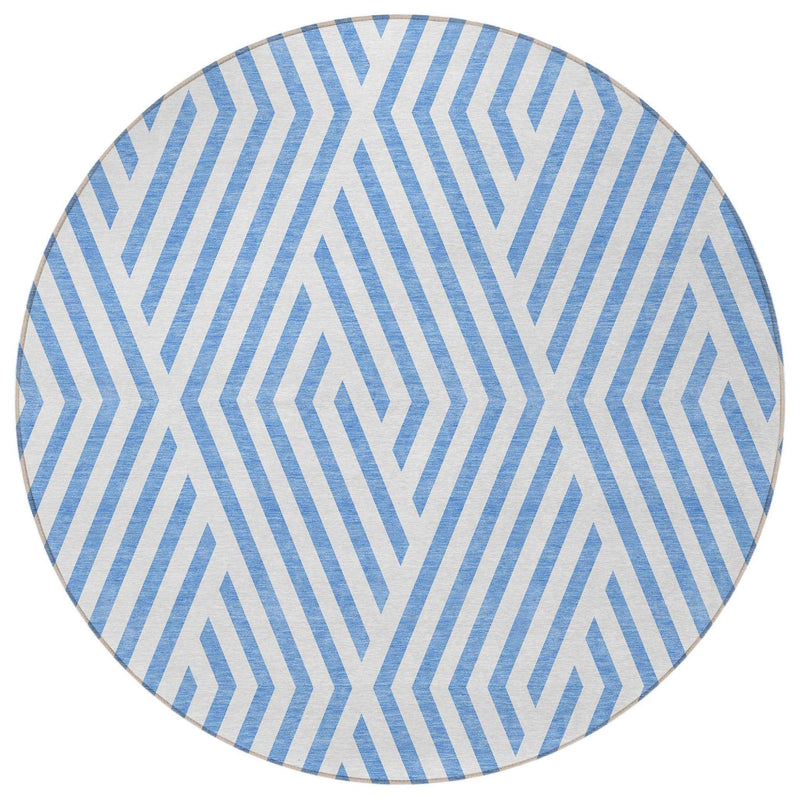 8' Round Blue and Ivory Round Geometric Washable Non Skid Indoor Outdoor Area Rug