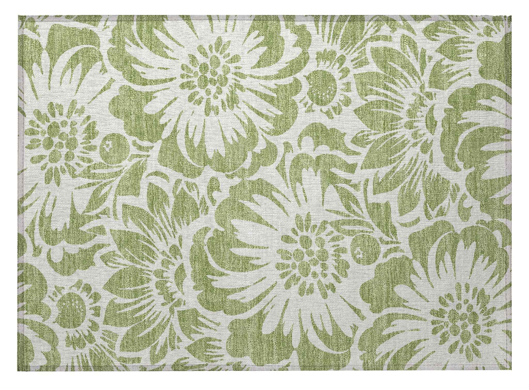 2' X 3' Green and Ivory Floral Washable Non Skid Indoor Outdoor Area Rug