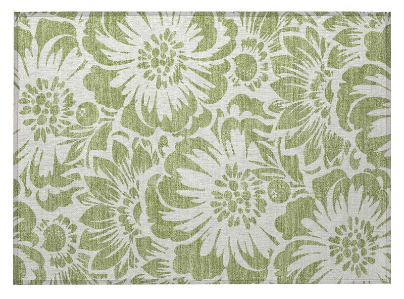2' X 3' Green and Ivory Floral Washable Non Skid Indoor Outdoor Area Rug