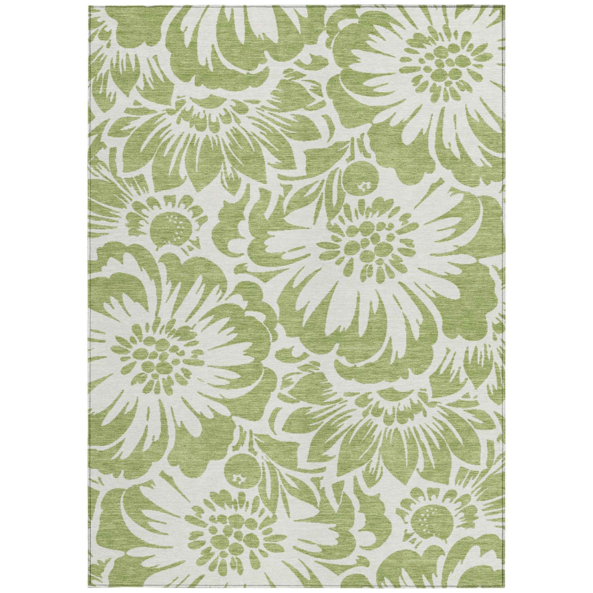 5' X 8' Green and Ivory Floral Washable Non Skid Indoor Outdoor Area Rug
