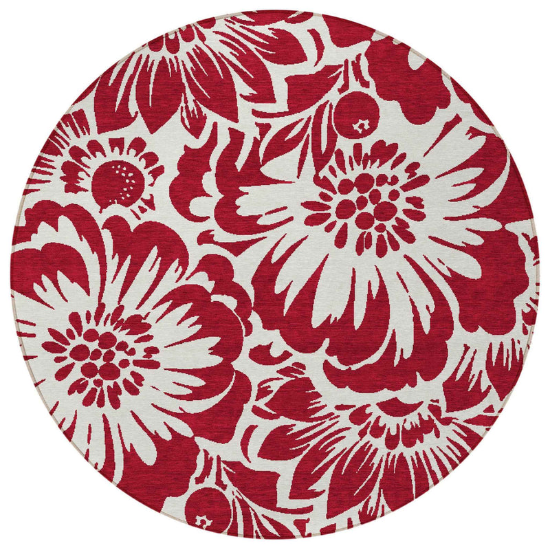 8' Round Burgundy and White Round Floral Washable Non Skid Indoor Outdoor Area Rug