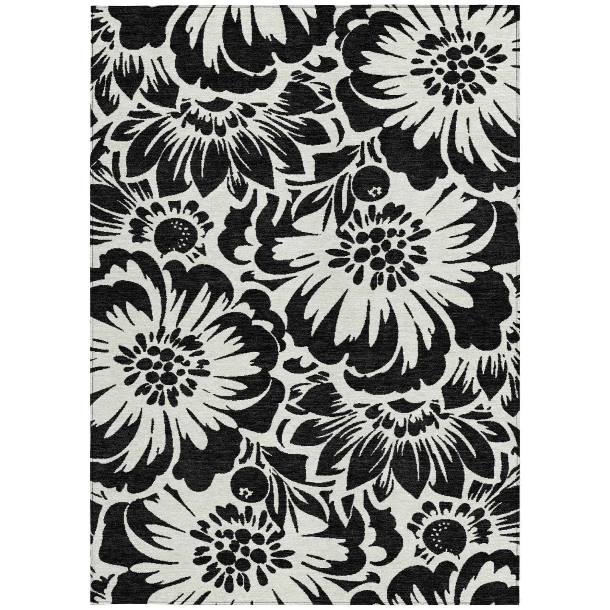 9' X 12' Black and Ivory Floral Washable Non Skid Indoor Outdoor Area Rug