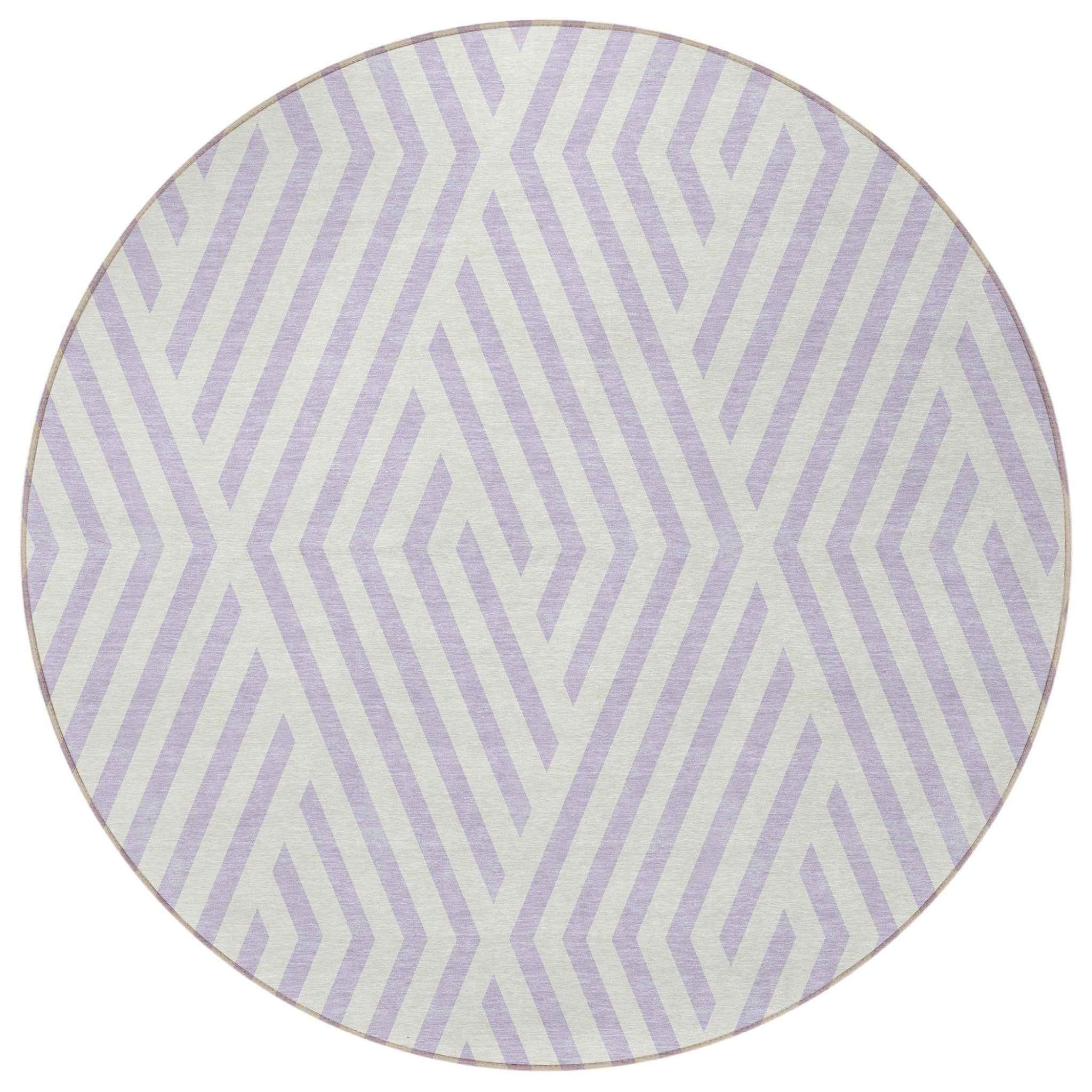 8' Round Lavender and Ivory Round Geometric Washable Non Skid Indoor Outdoor Area Rug
