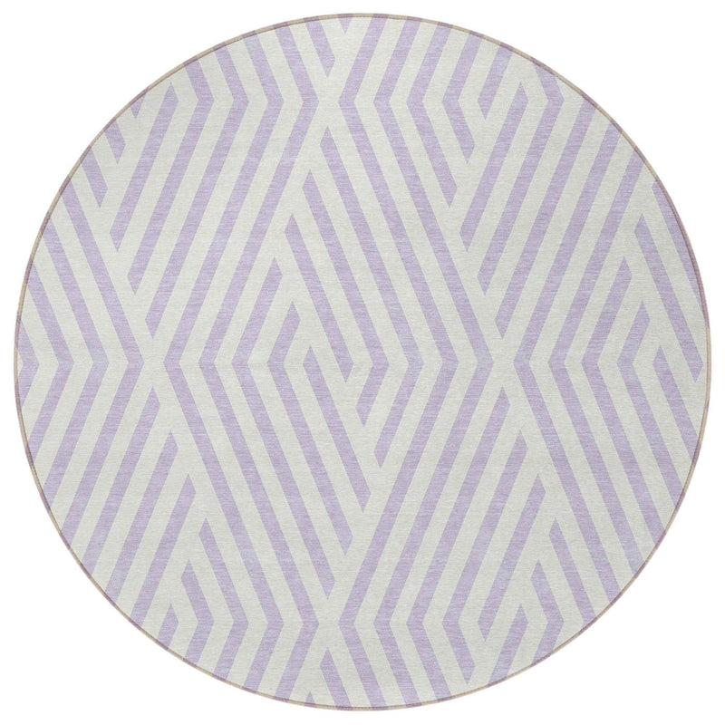 8' Round Lavender and Ivory Round Geometric Washable Non Skid Indoor Outdoor Area Rug