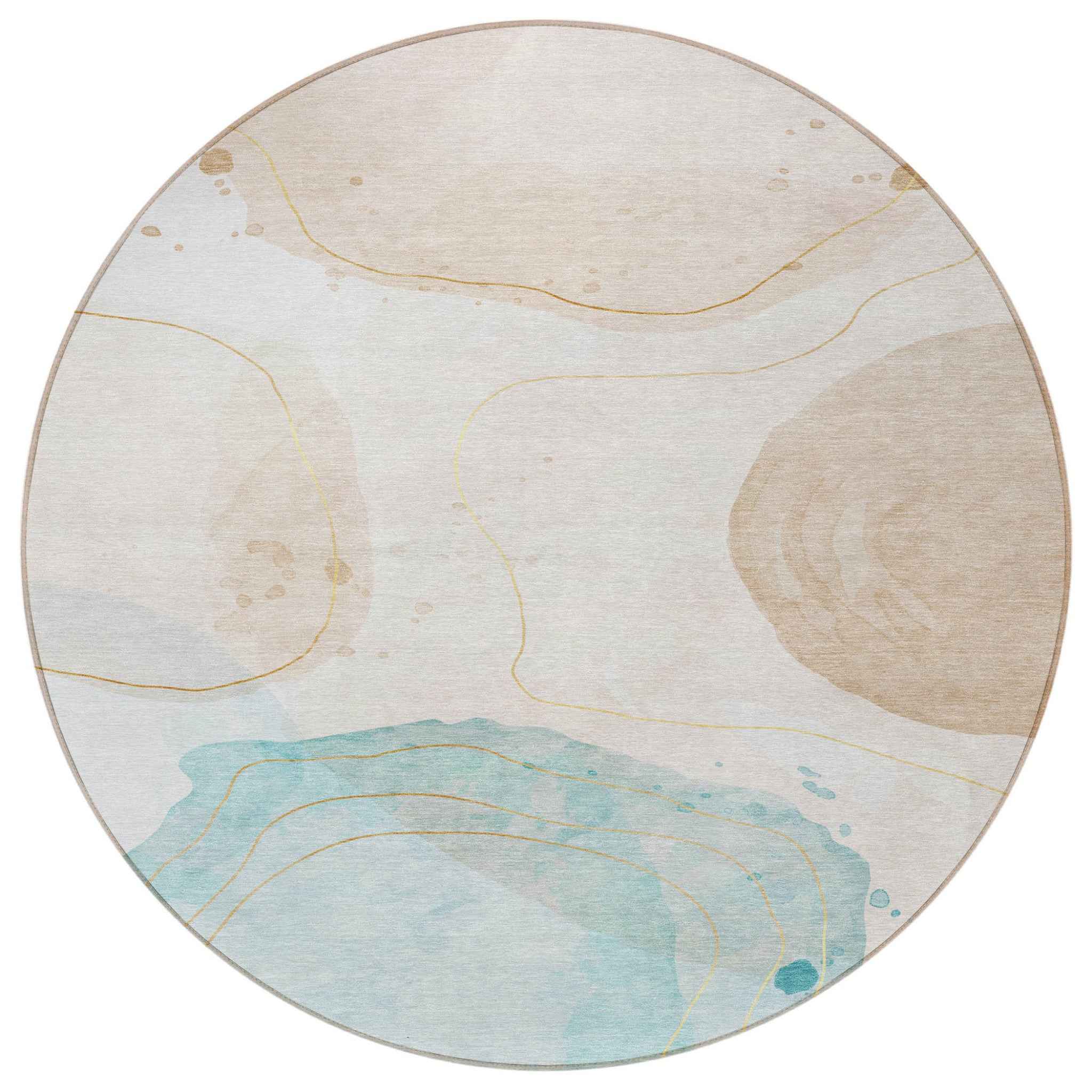 8' Round Beige and Blue Round Abstract Washable Non Skid Indoor Outdoor Area Rug