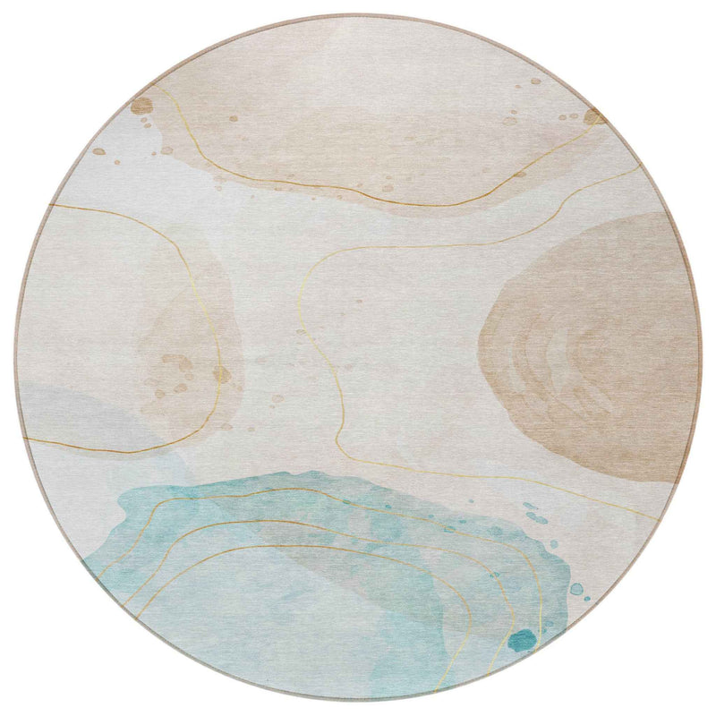 8' Round Beige and Blue Round Abstract Washable Non Skid Indoor Outdoor Area Rug