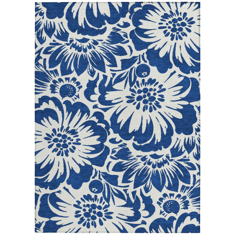 3' X 5' Navy and Ivory Floral Washable Non Skid Indoor Outdoor Area Rug