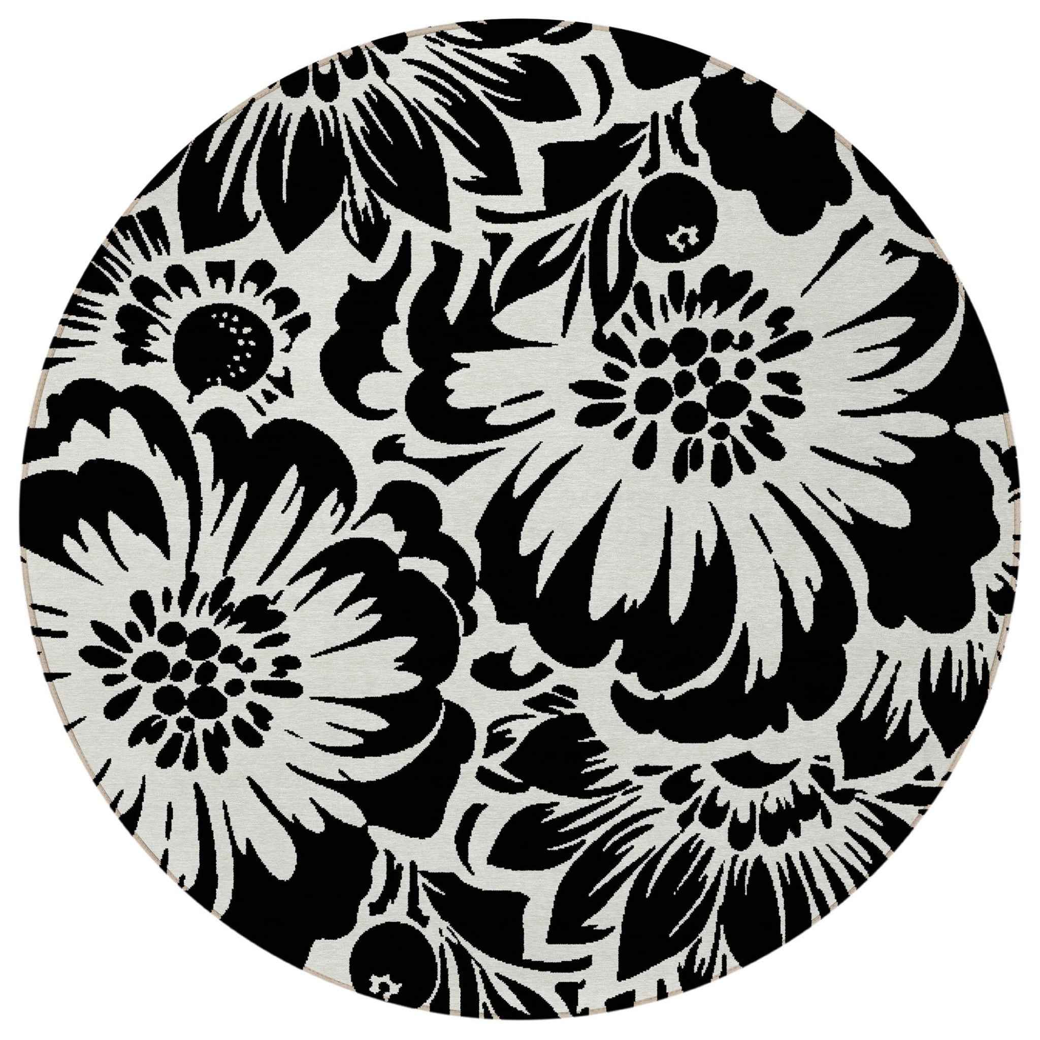 8' Round Black and Ivory Round Floral Washable Non Skid Indoor Outdoor Area Rug